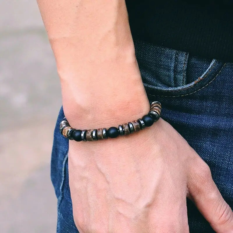 Mens Bracelet Natural Stone Hematite Tiger Eyes Wooden Bracelets