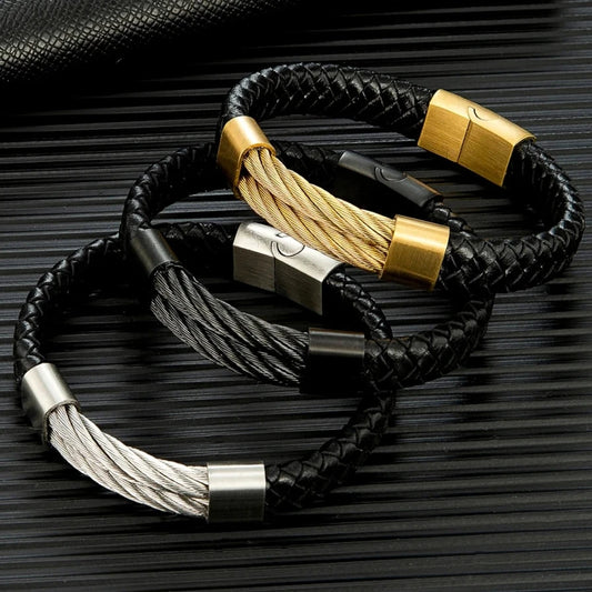 Punk Men Steel Wire Rope Leather Vintage Cuff Bracelet for Men