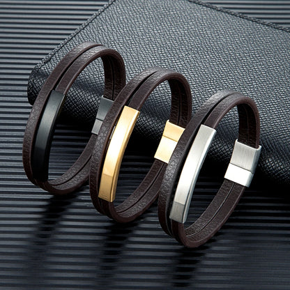 Simple Style Men Double Strand Leather Bracelet Stainless Steel Clasp