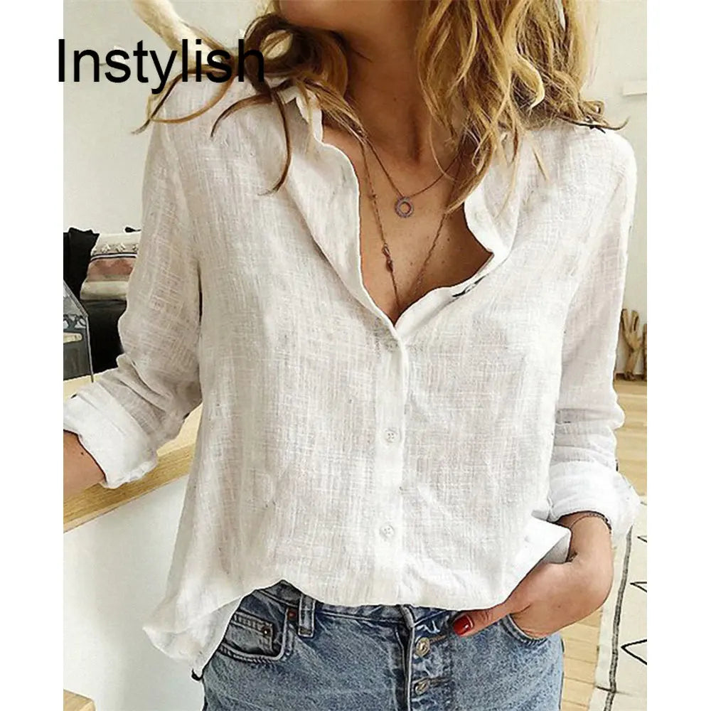 Womens Casual Long Sleeve Cotton Linen Loose Shirt