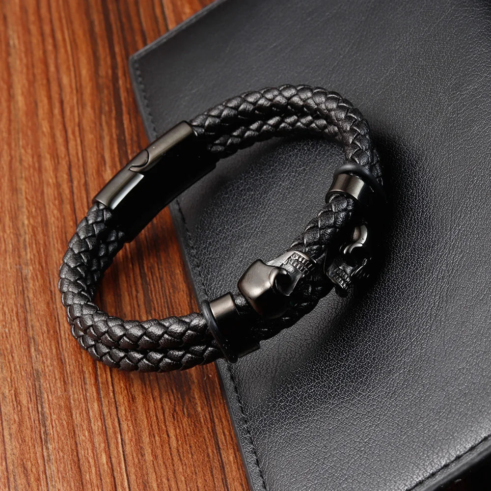 Punk Stainless Steel Charm Magnetic Mens Leather Bracelet