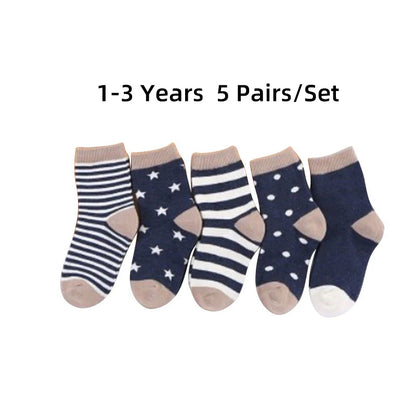 5 Pairs Cartoon Baby Socks Spring Autumn Stripe Dot Girls Boys