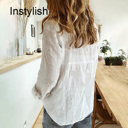 Womens Casual Long Sleeve Cotton Linen Loose Shirt