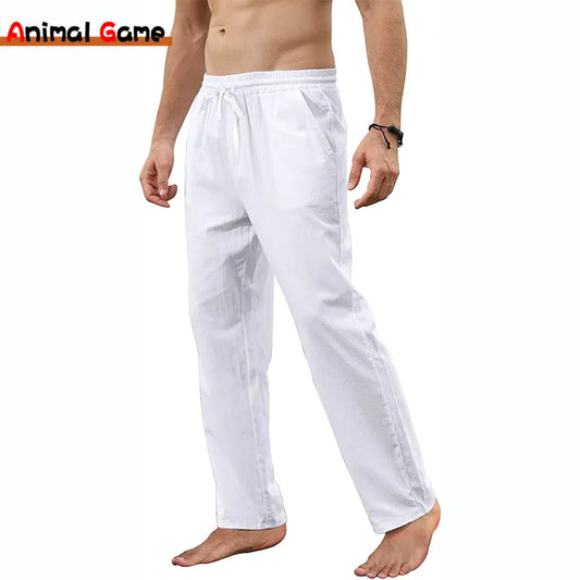 Mens Cotton Linen Casual Pants Loose Breathable Solid Color