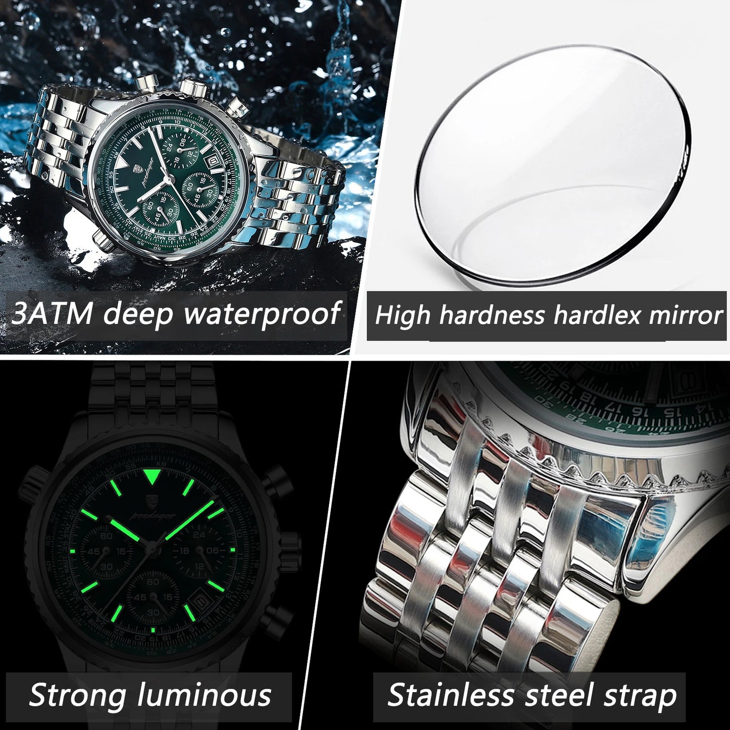 Mens Military Watch Waterproof Luminous Chronograph Stainless Steel Wristwatch