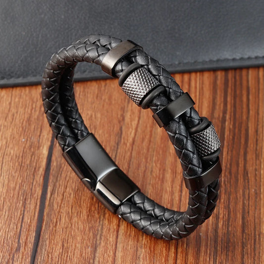 Charm Braid Rope Leather Bracelet For Mens Stainless Steel Magnetic Buckle