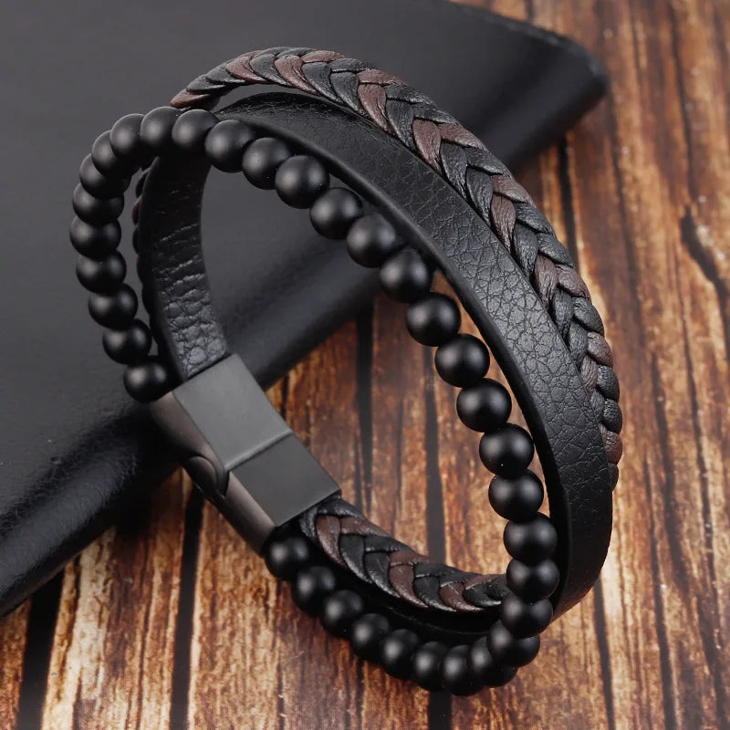 Charm Braid Rope Leather Bracelet For Mens Stainless Steel Magnetic Buckle