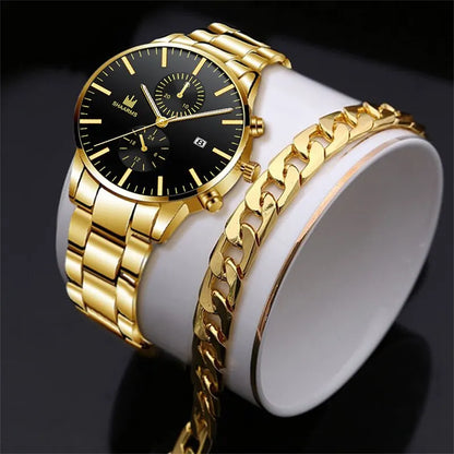 Mens Fashion Quartz Watch Stainless Steel Bracelet Set