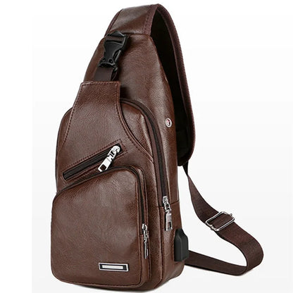USB Charging Chest Bag Headset Hole Mens Crossbody