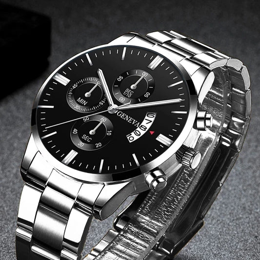 Fashion Mens Stainless Steel Luxury Calendar Quartz Watch