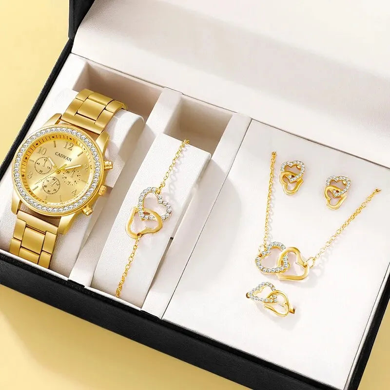 6PCS Set Luxury Women Ring Necklace Earring Rhinestone Watch