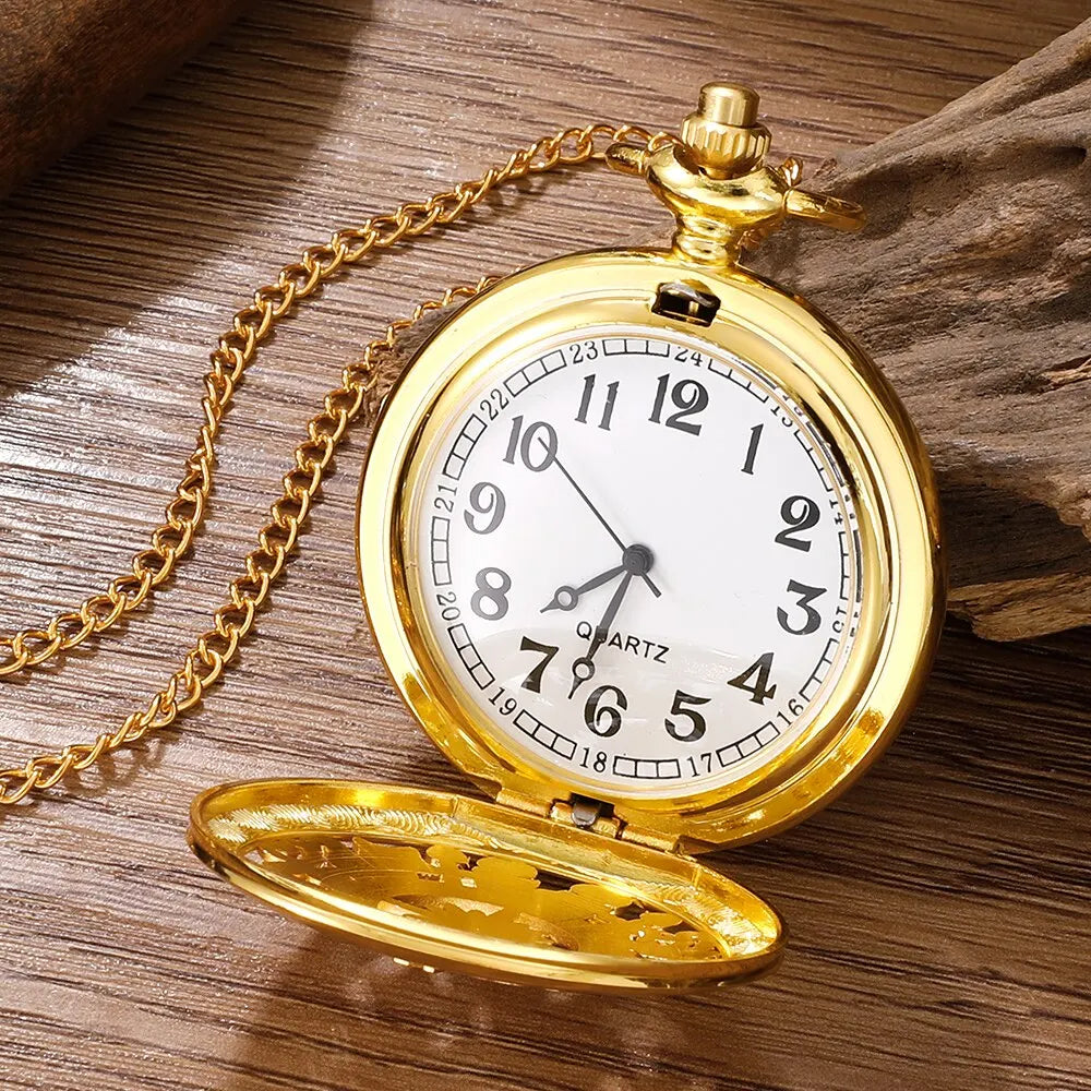 Arabic Numerals Quartz Pocket Watch Gold Case Necklace Pendant