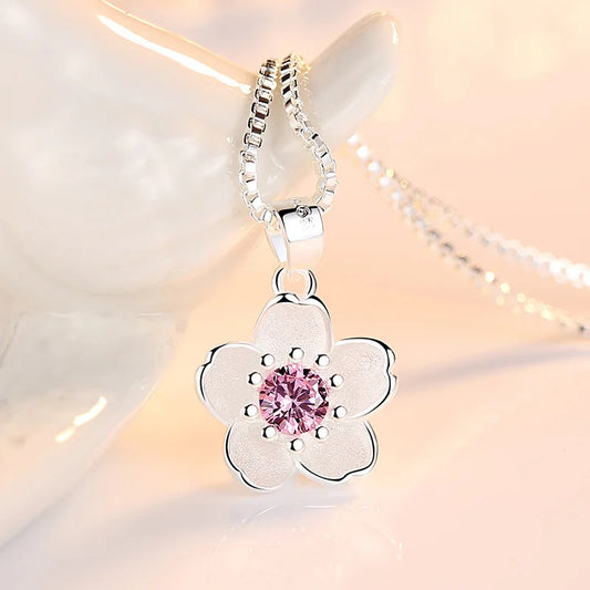 925 Sterling Silver Pink Purple Peach Blossom Necklaces For Women