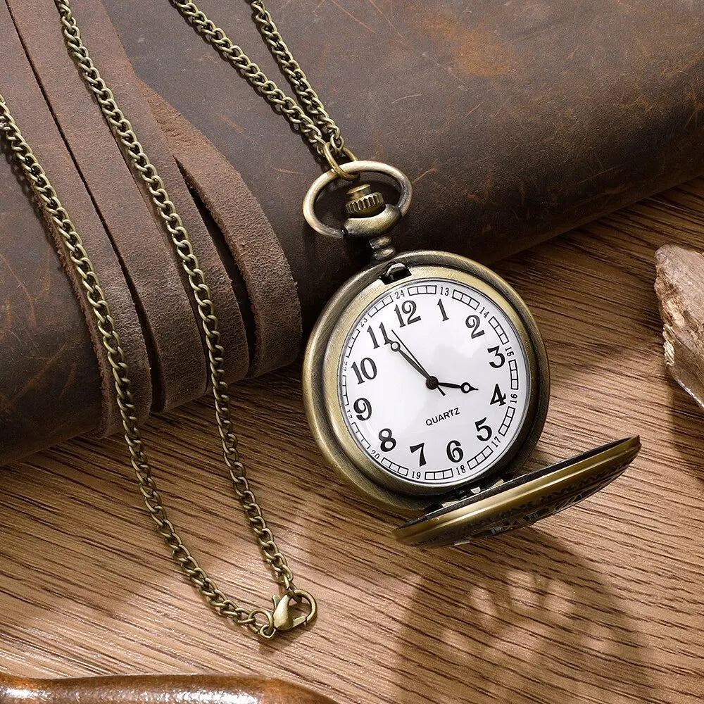 Roman Numerals Quartz Pocket Watch Bronze Case Necklace Pendant