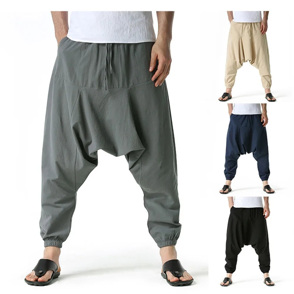 Mens Cotton and Linen Pants Harem Pants Baggy Casual Oversize