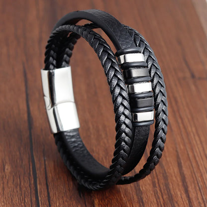 Charm Braid Rope Leather Bracelet For Mens Stainless Steel Magnetic Buckle