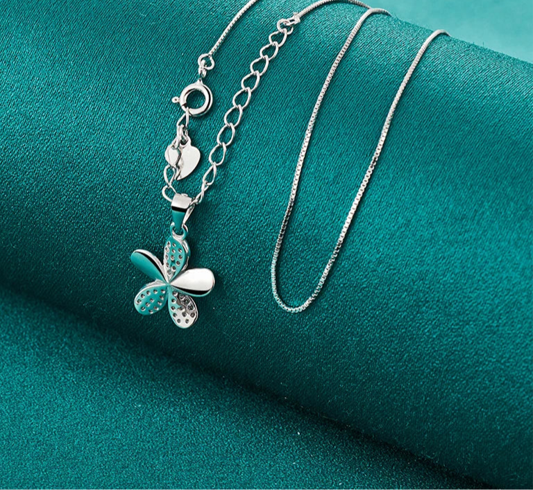 925 Sterling Silver Petal Pendant Necklace Full AAA Zircon Chain For Woman