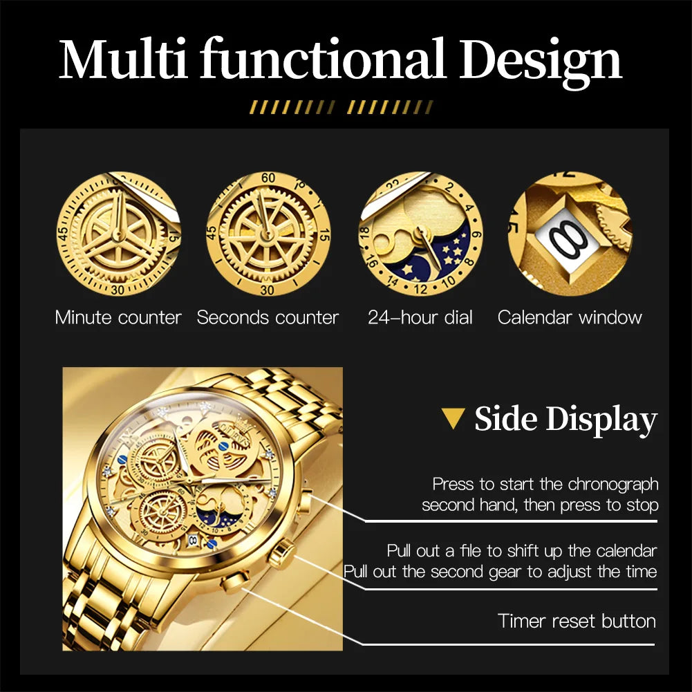 Luxury Original Waterproof Mens Quartz Watch Gold Skeleton Style