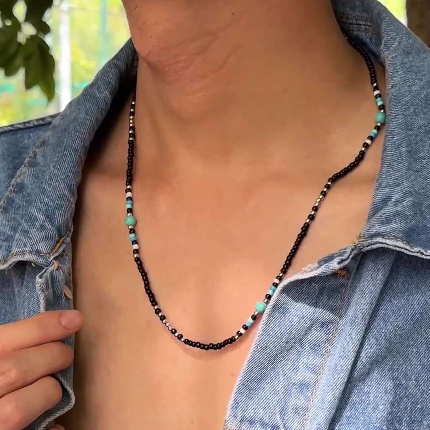 Synthetic Turquoise Necklaces for Men Mini Black Beaded Necklace