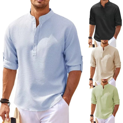 Cotton Linen Mens Long Sleeved Shirts Casual Beach Style Shirt