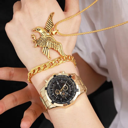 3PCS Set Luxury Fashion Mens Watch Necklace Bracelet Set