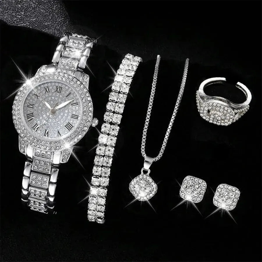 6PCS Women Watch Luxury Elegant Alloy Watch Jewelry Set