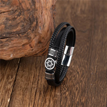 Vintage Norse Hexagram Leather Amulet Bracelet For Men