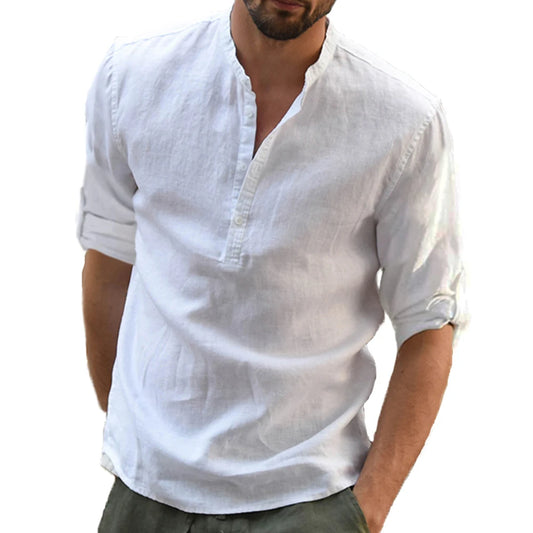 Mens Casual Blouse Cotton Linen Shirt Loose Tops Long Sleeve Tee Shirts