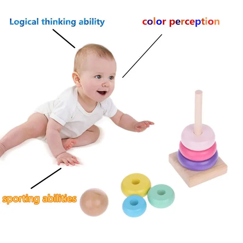 Children Rainbow Tower Ferrule Wooden Toy Stacking Circle Baby Puzzle