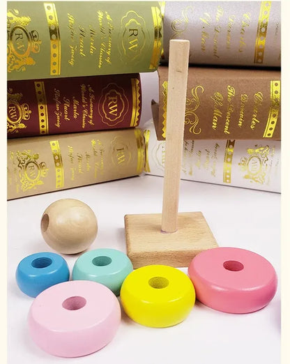 Children Rainbow Tower Ferrule Wooden Toy Stacking Circle Baby Puzzle