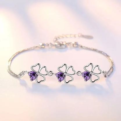 925 Sterling Silver Purple Crystal Lucky Clover Womens Bracelets