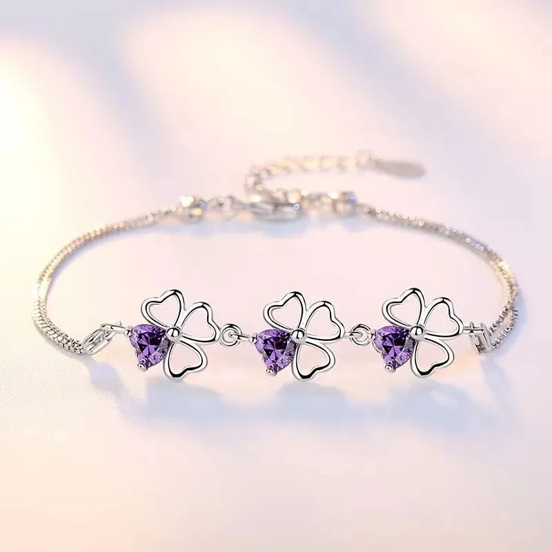 925 Sterling Silver Purple Crystal Lucky Clover Womens Bracelets