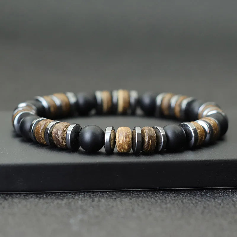 Mens Bracelet Natural Stone Hematite Tiger Eyes Wooden Bracelets