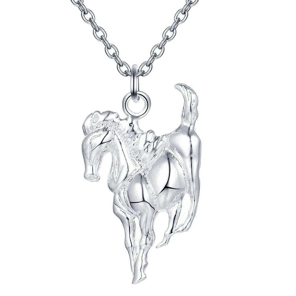 925 Sterling Silver Women Elegant Horse Pendants Chain Necklace