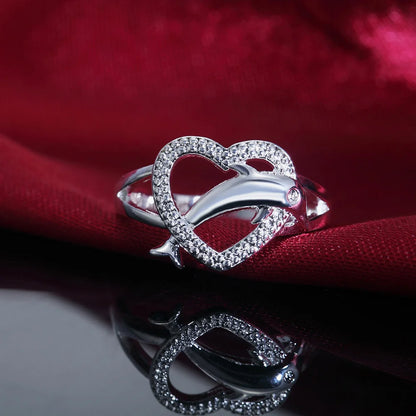 925 Sterling Silver Fine Love Dolphins Heart Rings For Women