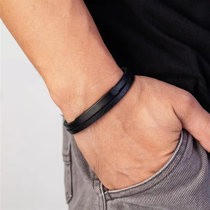 Simple Style Mens Black Genuine Leather Bracelet