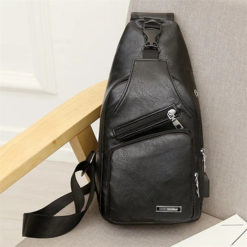 USB Charging Chest Bag Headset Hole Mens Crossbody
