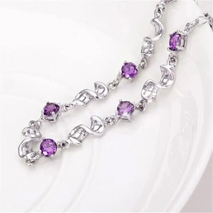 925 Sterling Silver Purple Crystal Lucky Clover Womens Bracelets