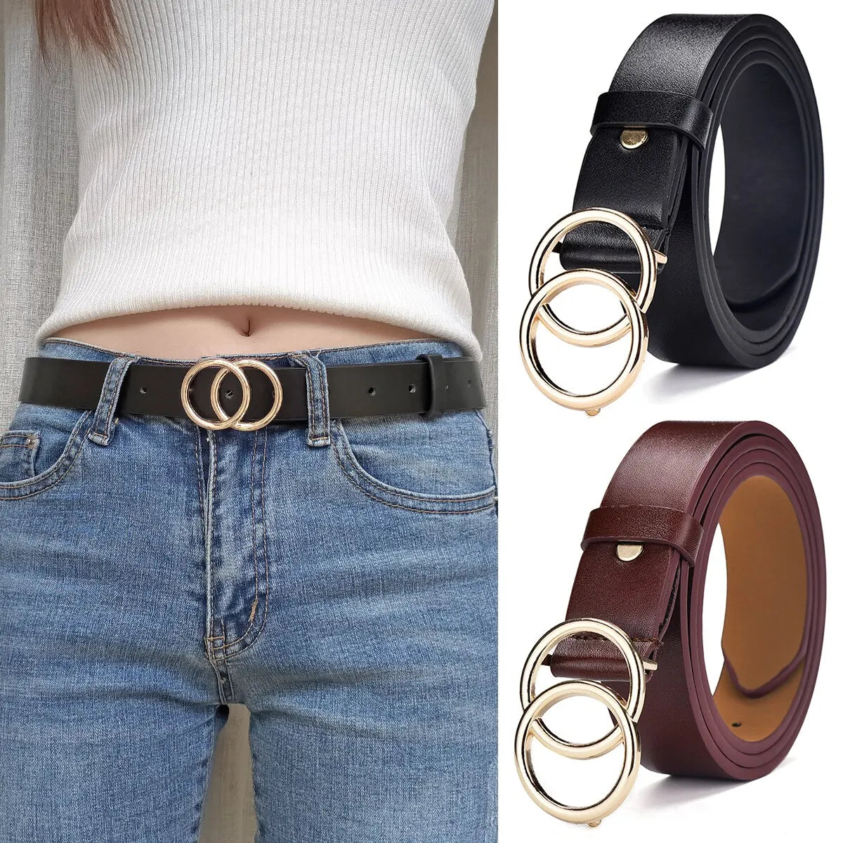 Womens Belt Trend Double Round Buckle Belt