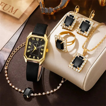 Square Womens Leather Band Watch Jewelry Set