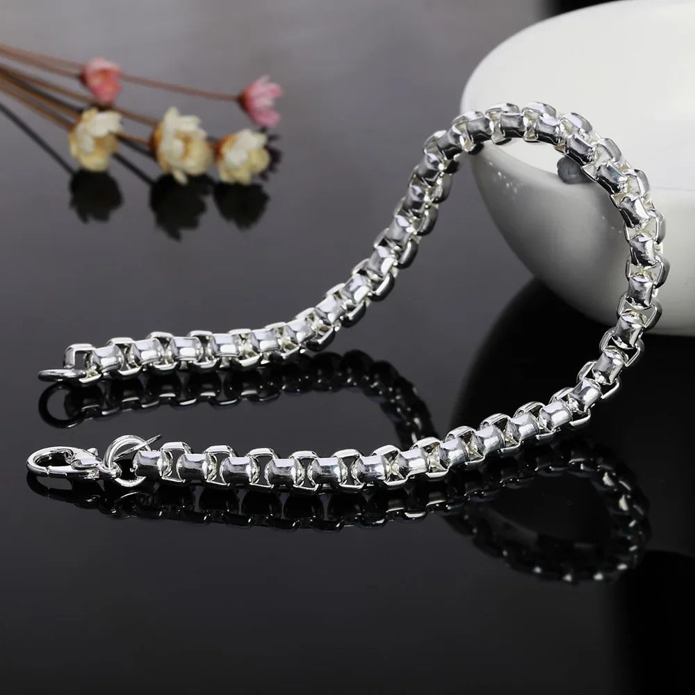 925 Sterling Silver 4mm Round Box Chain Necklace Bracelet Set For Women Men