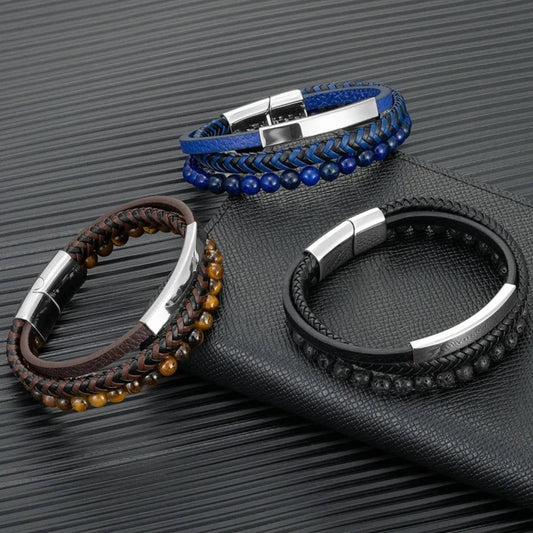 Punk Men Multilayer Braid Leather Natural Stone Beaded Bracelet