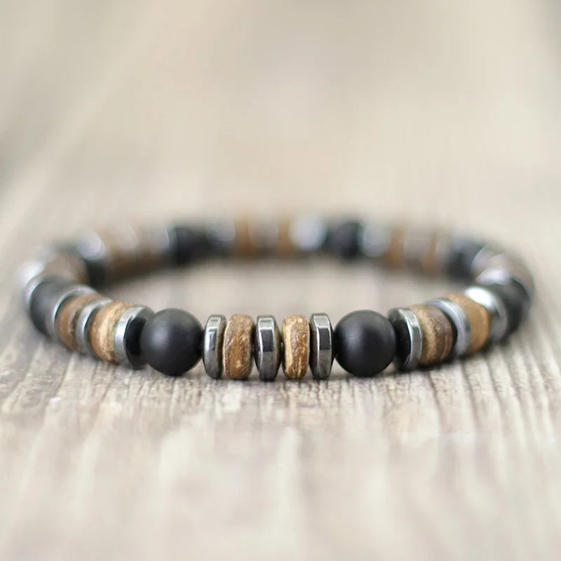 Mens Bracelet Natural Stone Hematite Tiger Eyes Wooden Bracelets