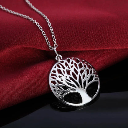 925 Sterling Silver Charm Round Tree Pendant Necklace For Women