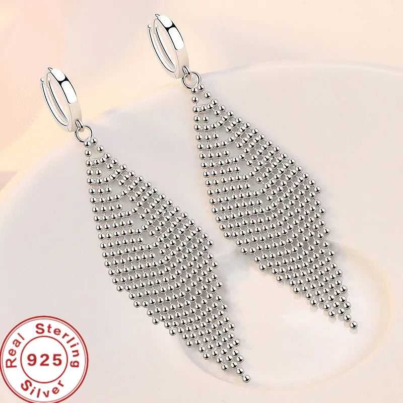 925 Sterling Silver Long Tassel Beads Long Womens Earrings