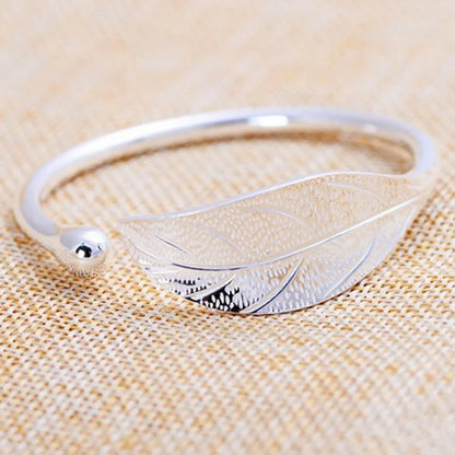 925 Sterling Silver Woman Cuff Bracelet Open Leaf Shaped Adjustable