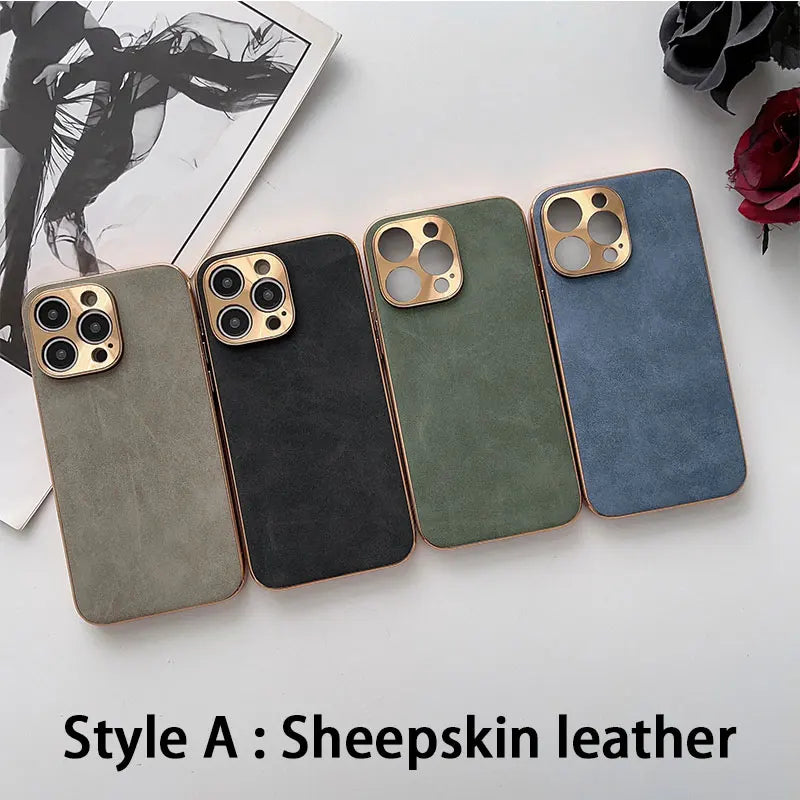 Electroplated Frame Lambskin Leather Phone Case For Iphone 15 14 13 12 11