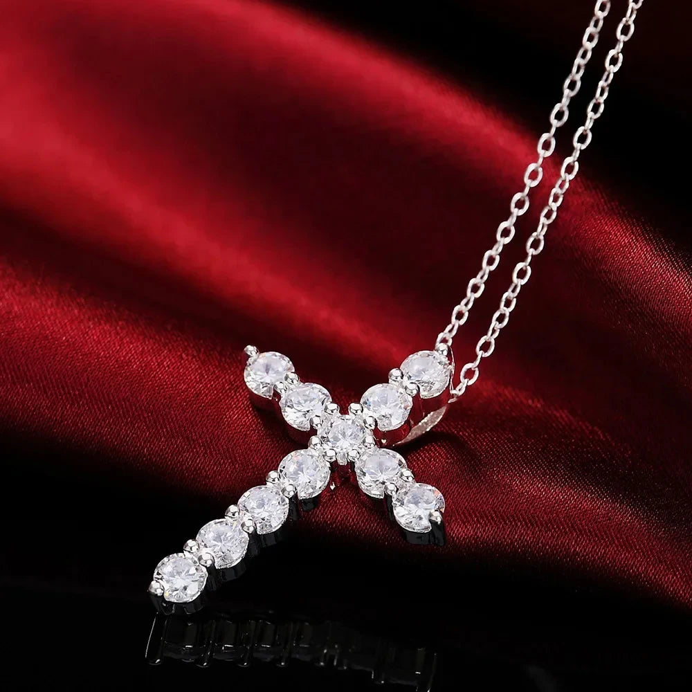 Women Cross Crystal Zircon Stone Pendant 925 Sterling Silver Necklace