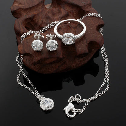 925 Sterling Silver Women Shiny Crystal CZ Necklace Earring Ring Set