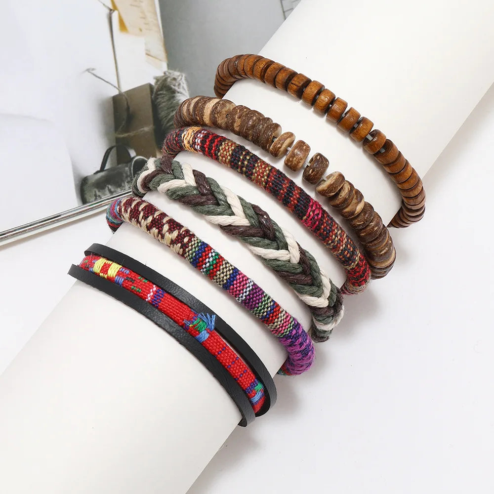 4pcs Set Braided Wrap Leather Mens Bracelet Ethnic Tribal Wristband